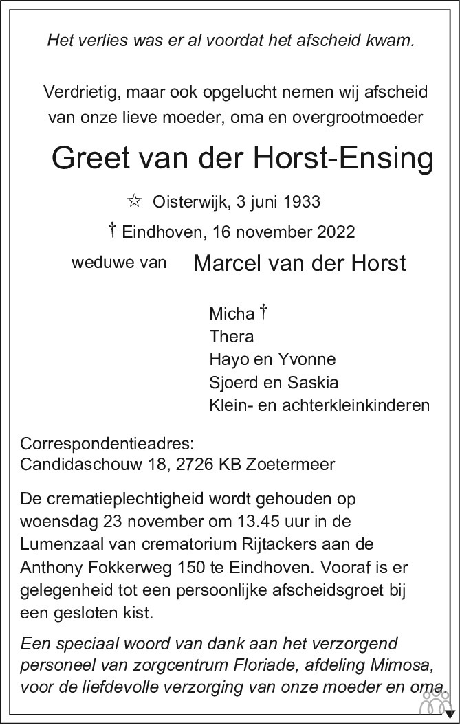 Greet Van Der Horst Ensing Overlijdensbericht En