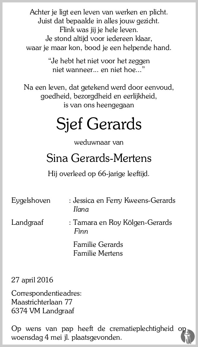 Sjef Gerards 27 04 2016 Overlijdensbericht En Condoleances Mensenlinq Nl