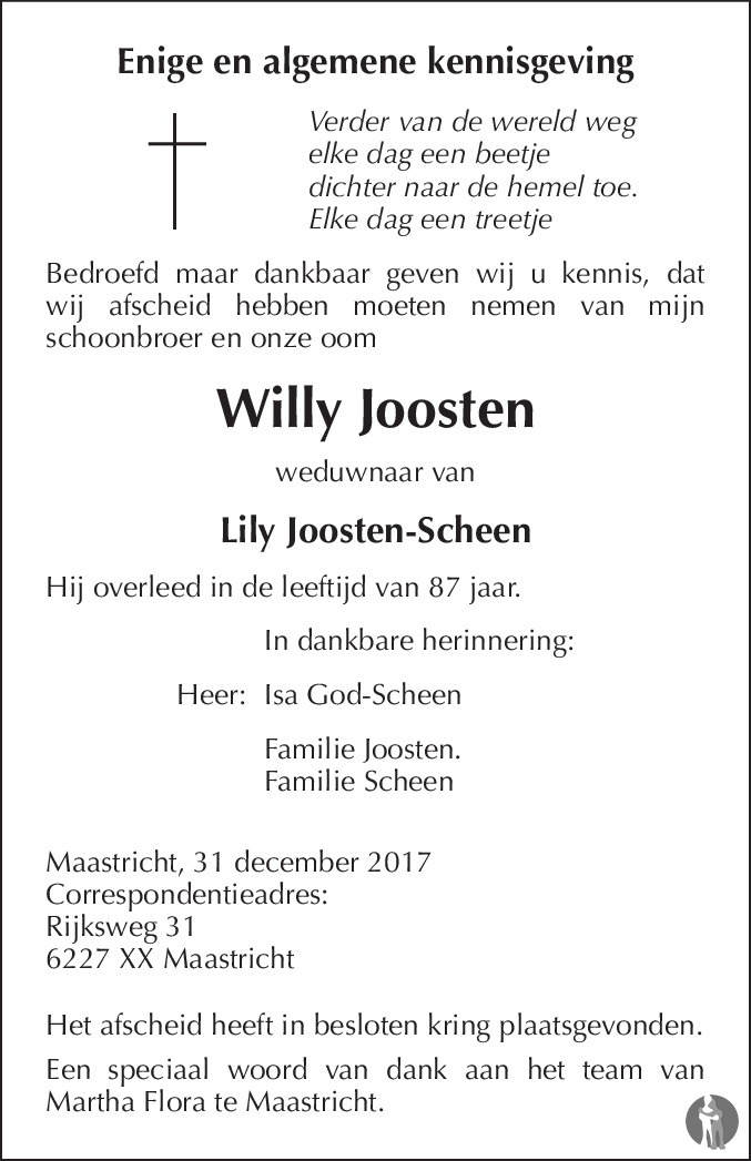 Willy Joosten Overlijdensbericht En Condoleances Mensenlinq Nl