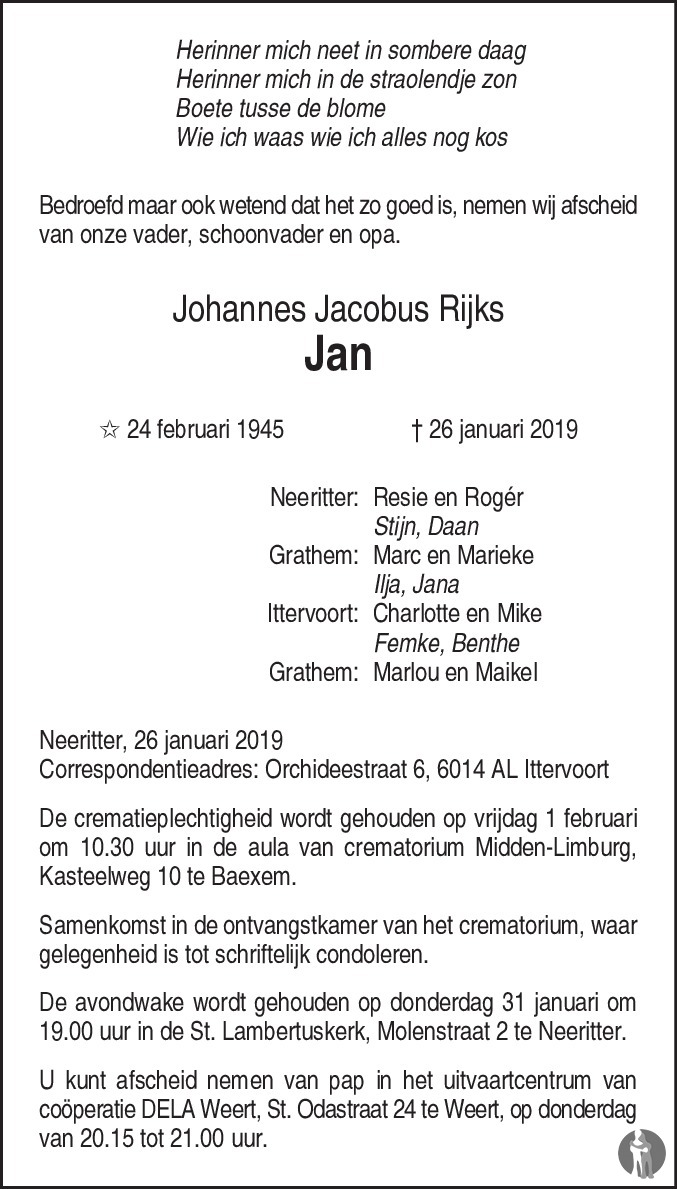 Johannes Jacobus Jan Rijks 26 01 2019 Overlijdensbericht En