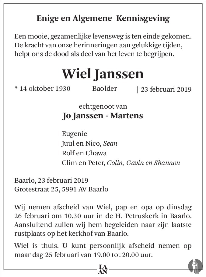 Wiel Janssen 23 02 2019 Overlijdensbericht En Condoleances Mensenlinq Nl