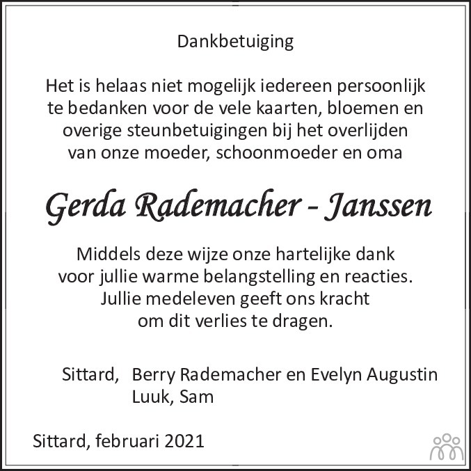 Gerda Rademacher Janssen Overlijdensbericht En Condoleances