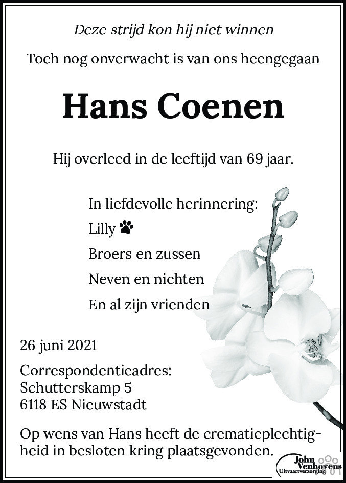 Hans Coenen Overlijdensbericht En Condoleances Mensenlinq Nl