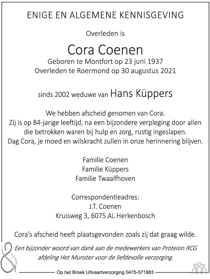 Cora Coenen Overlijdensbericht En Condoleances Mensenlinq Nl