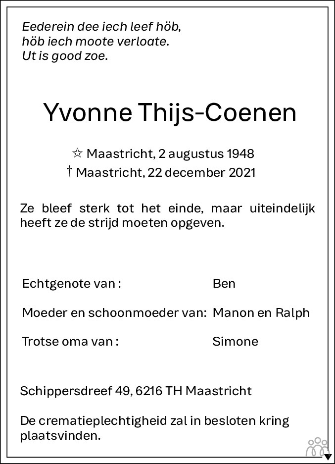 Yvonne Thijs Coenen 22 12 2021 Overlijdensbericht En Condoleances