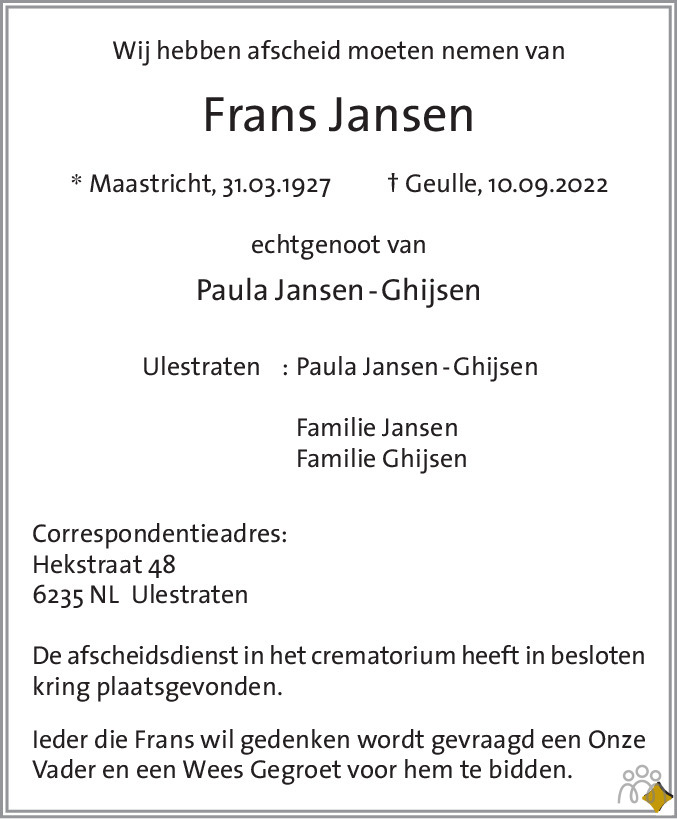 Frans Jansen 10 09 2022 Overlijdensbericht En Condoleances Mensenlinq Nl