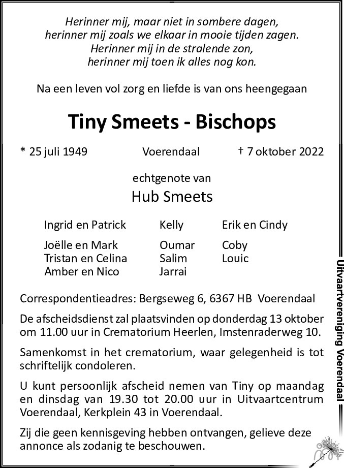 Tiny Smeets Bischops Overlijdensbericht En Condoleances