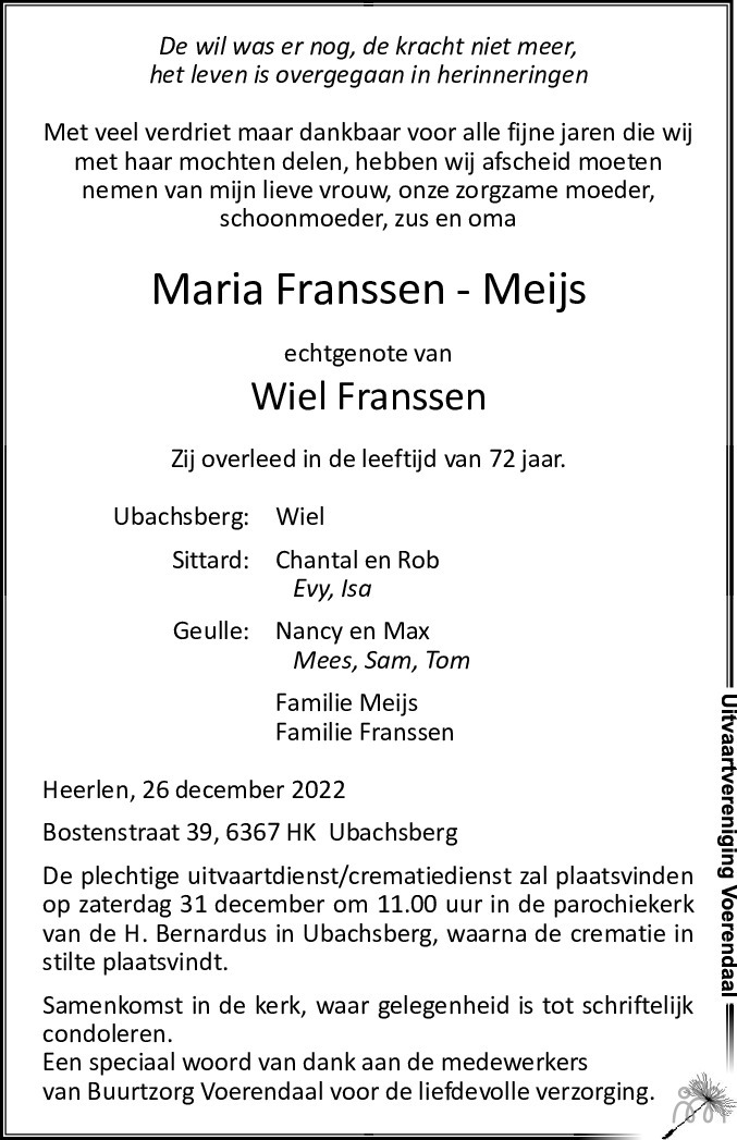 Maria Franssen Meijs 26 12 2022 Overlijdensbericht En Condoleances