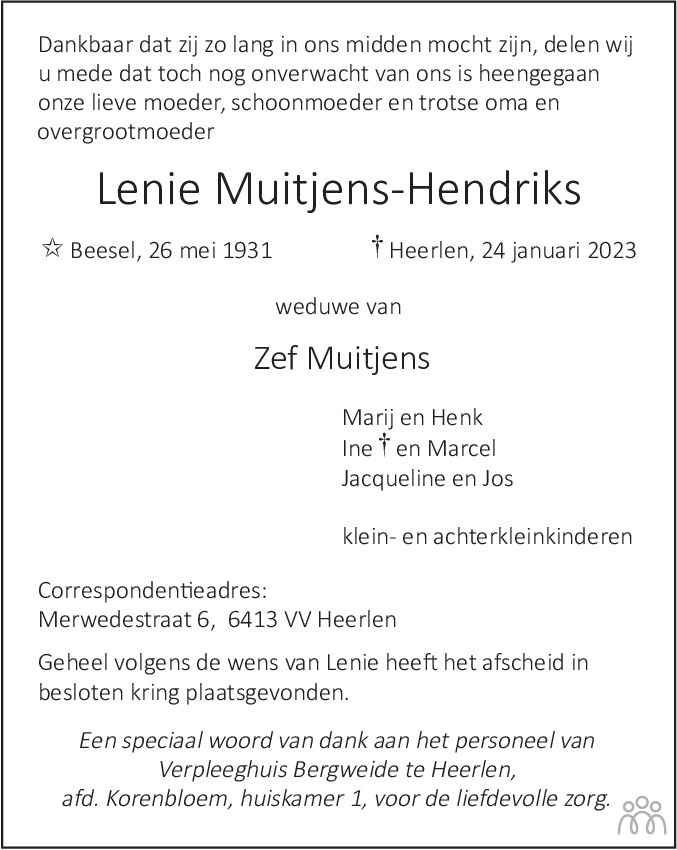 Lenie Muitjens Hendriks 24 01 2023 Overlijdensbericht En Condoleances