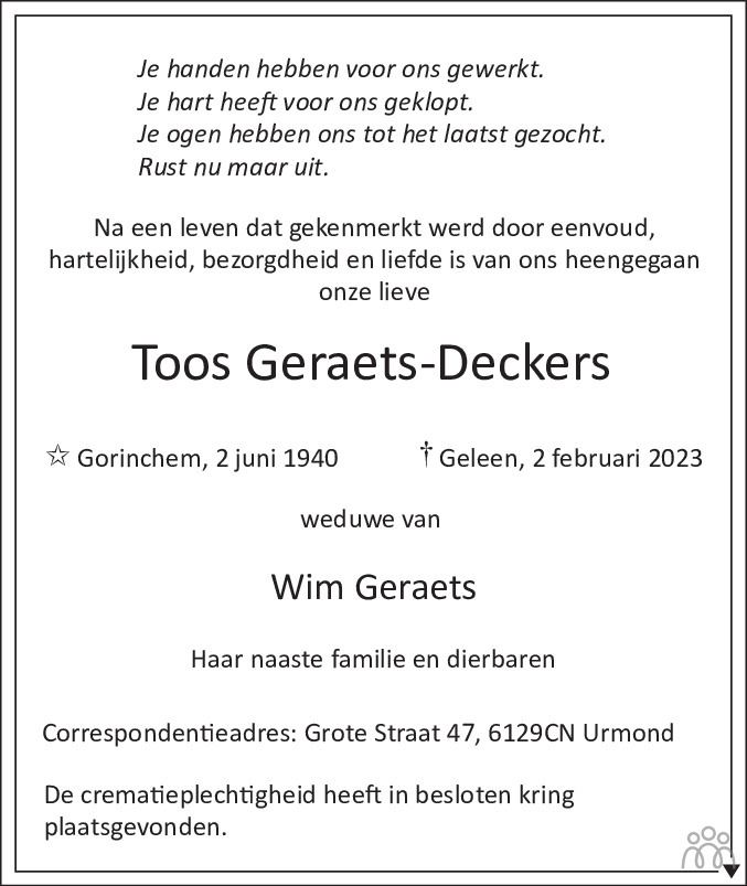 Toos Geraets Deckers Overlijdensbericht En Condoleances