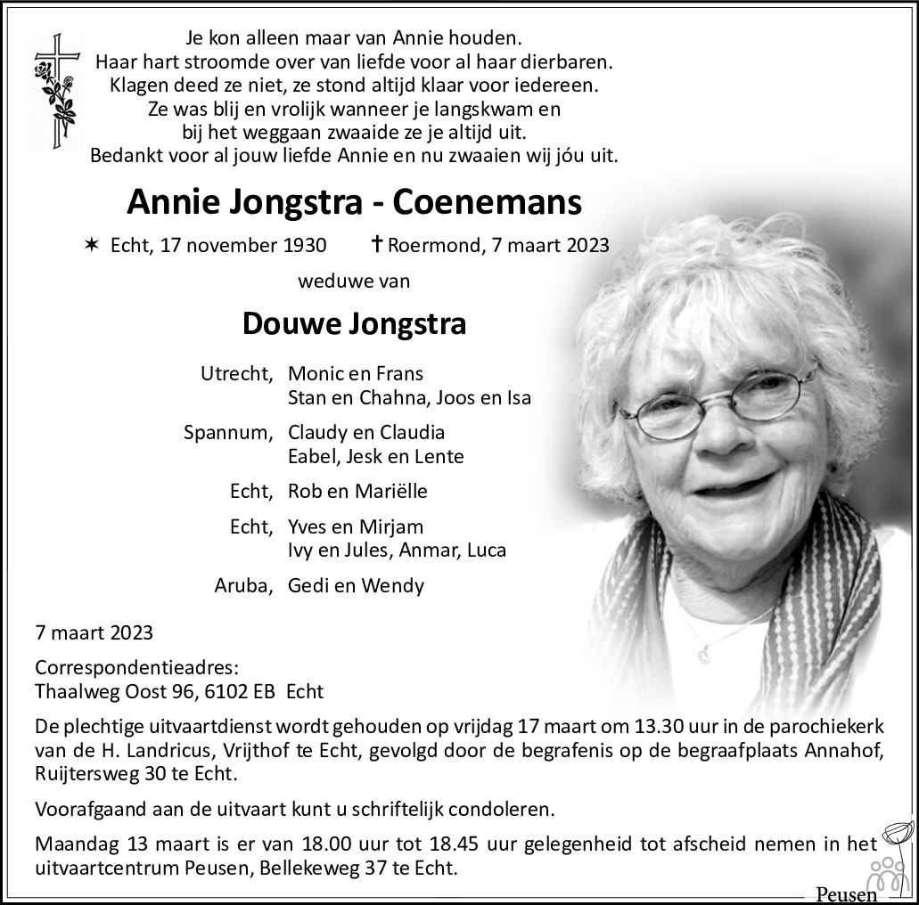 Annie Jongstra Coenemans 07 03 2023 Overlijdensbericht En Condoleances