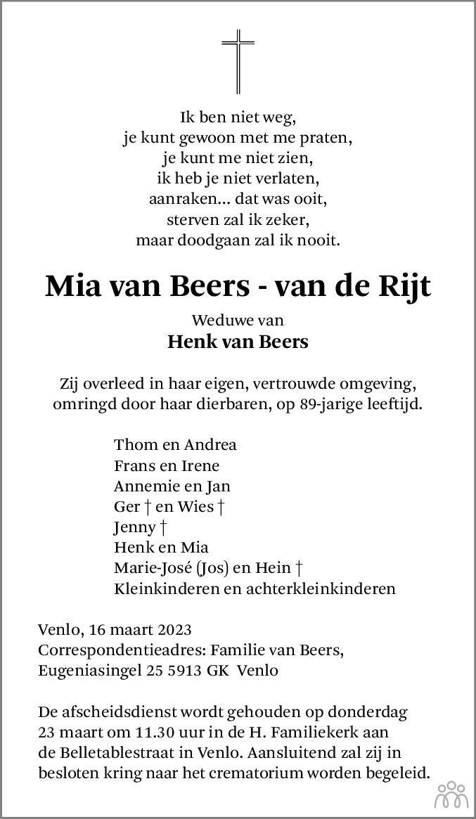 Mia Van Beers Van De Rijt Overlijdensbericht En Condoleances