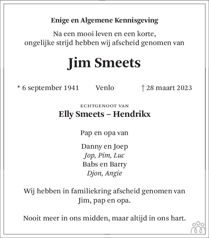 Jim Smeets Overlijdensbericht En Condoleances Mensenlinq Nl