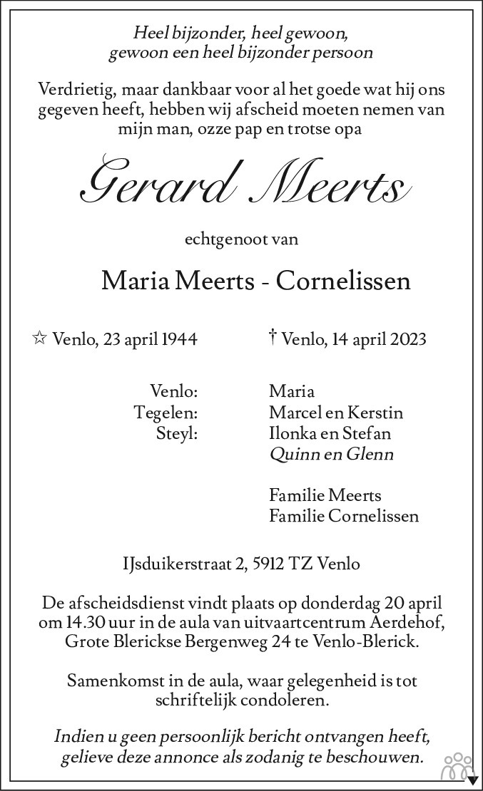 Gerard Meerts 14 04 2023 Overlijdensbericht En Condoleances Mensenlinq Nl