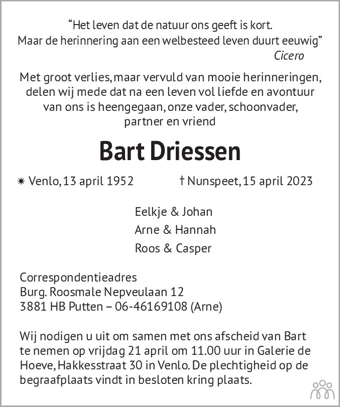 Bart Driessen 15 04 2023 Overlijdensbericht En Condoleances Mensenlinq Nl