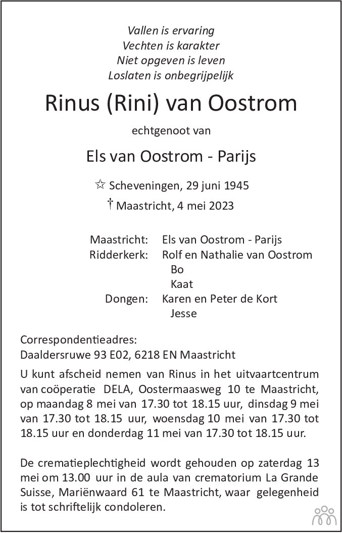 Rinus Rini Van Oostrom Overlijdensbericht En Condoleances