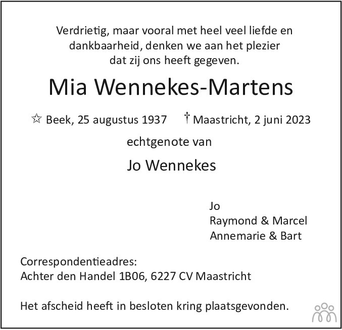 Mia Wennekes Martens Overlijdensbericht En Condoleances