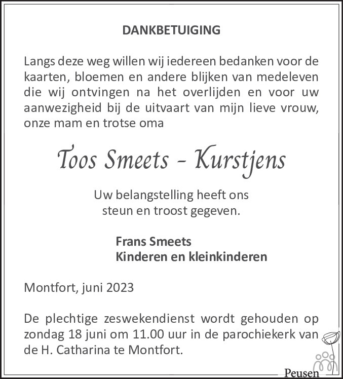 Toos Smeets Kurstjens 07 05 2023 Overlijdensbericht En Condoleances