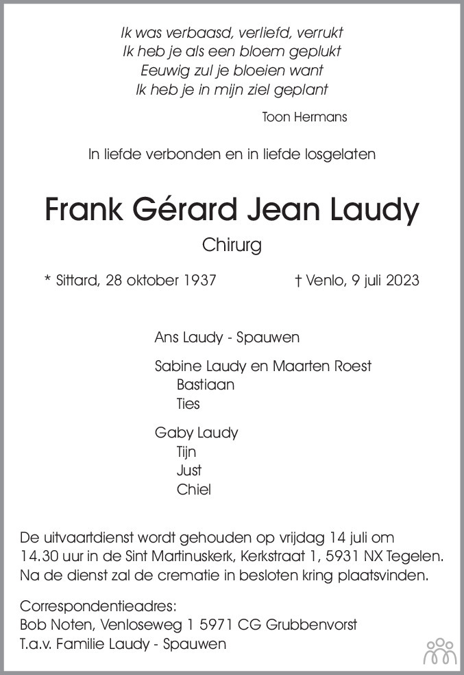 Frank Gérard Jean Laudy 09 07 2023 overlijdensbericht en condoleances