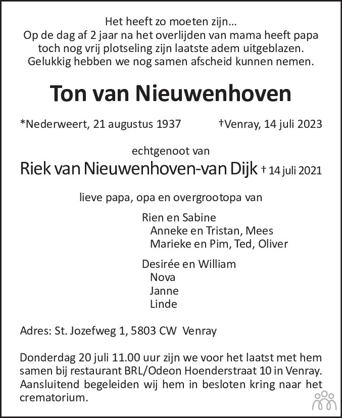 Ton Van Nieuwenhoven 14 07 2023 Overlijdensbericht En Condoleances