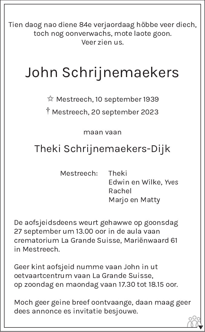 John Schrijnemaekers 20 09 2023 Overlijdensbericht En Condoleances