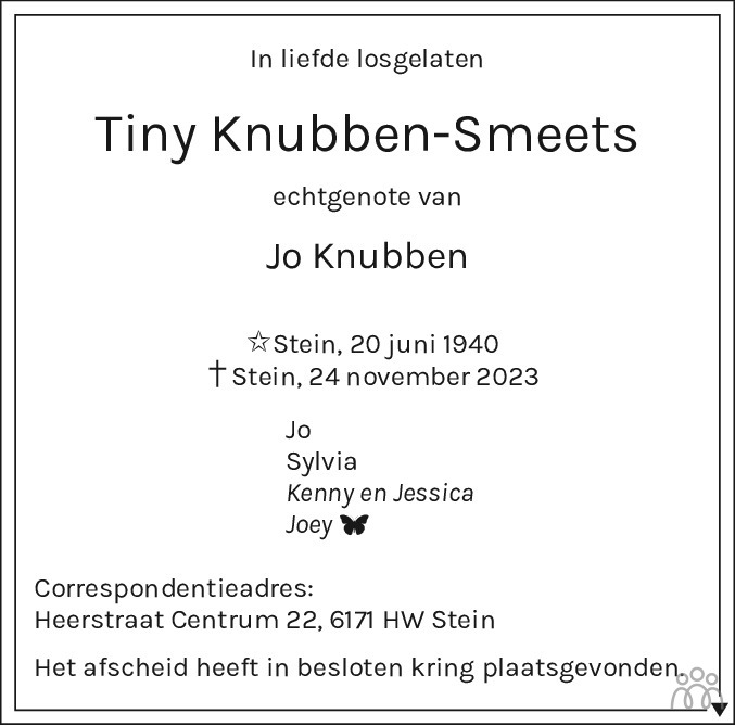 Tiny Knubben Smeets 24 11 2023 Overlijdensbericht En Condoleances