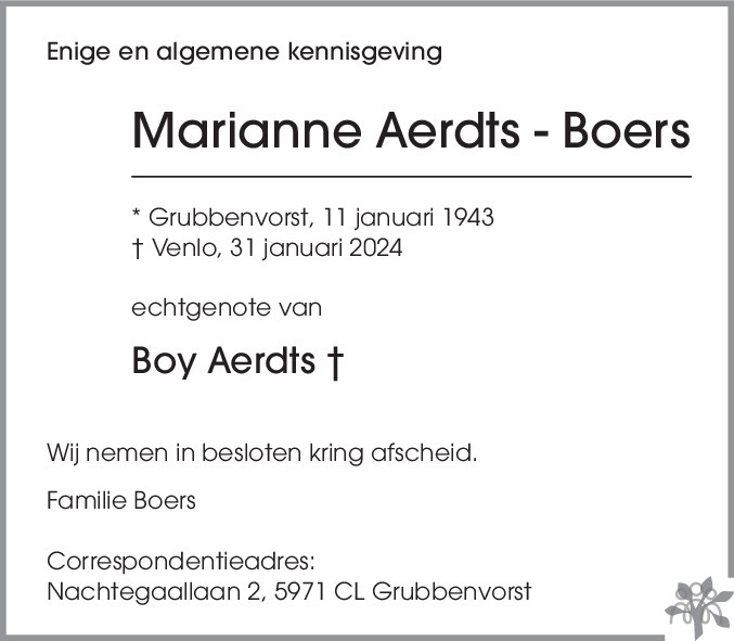 Marianne Aerdts Boers Overlijdensbericht En Condoleances