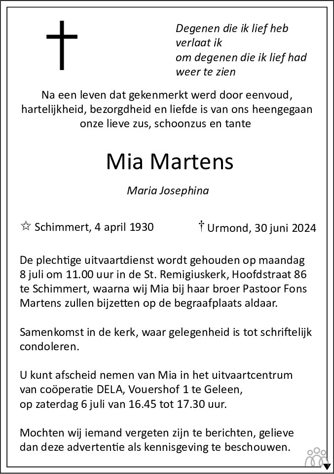 Mia Maria Josephina Martens Overlijdensbericht En