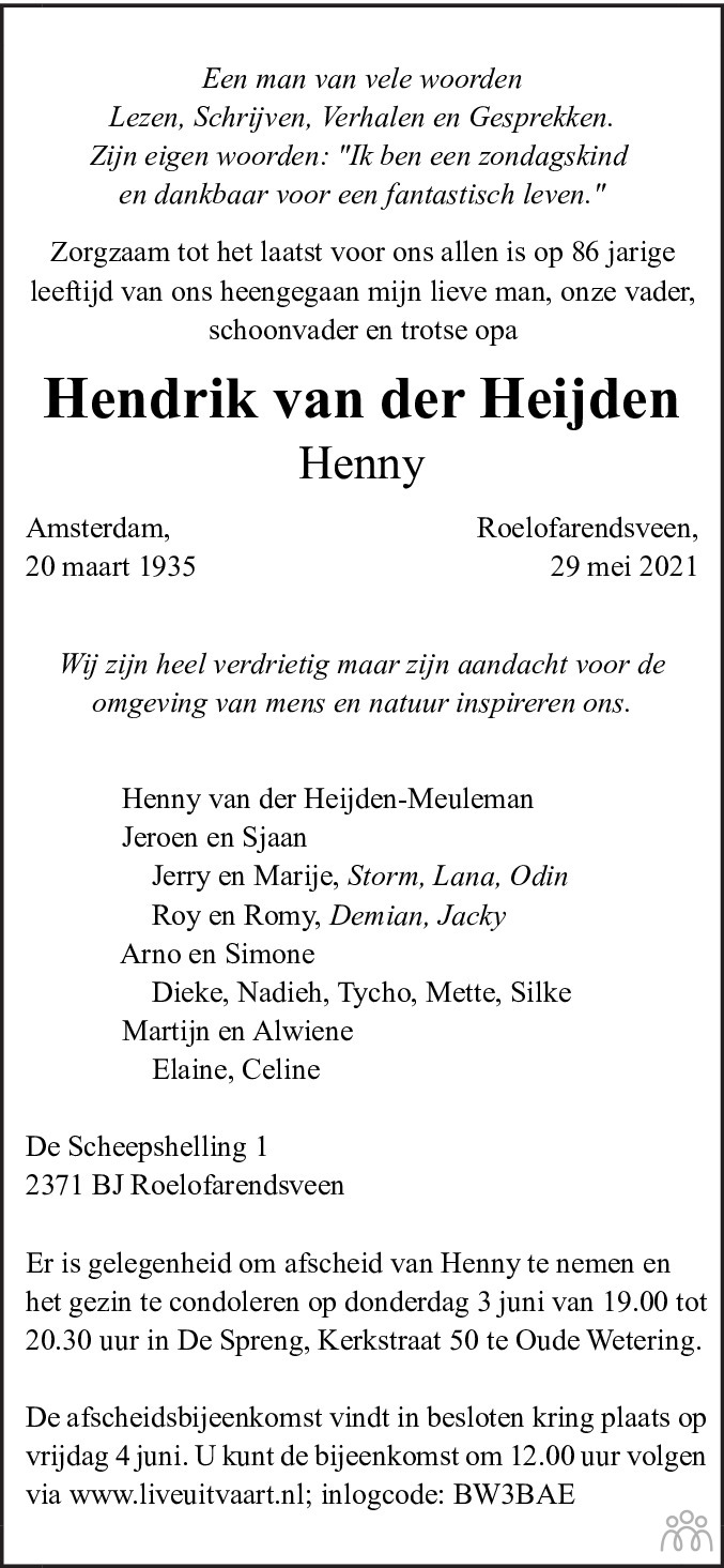 Hendrik Henny Van Der Heijden Overlijdensbericht En