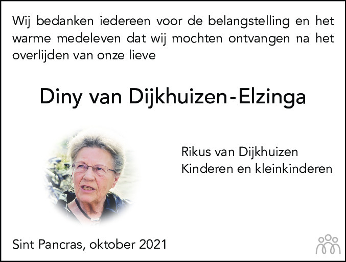 Gerdina Diny Van Dijkhuizen Elzinga 20 08 2021 Overlijdensbericht En