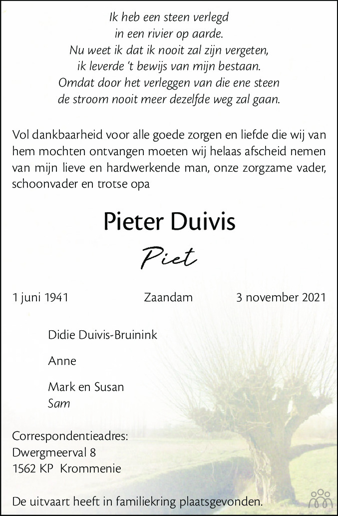 Pieter Piet Duivis Overlijdensbericht En Condoleances