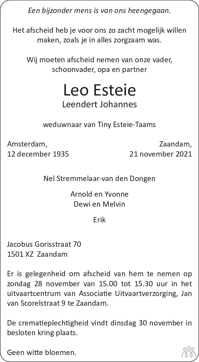 Leo Leendert Johannes Esteie Overlijdensbericht En