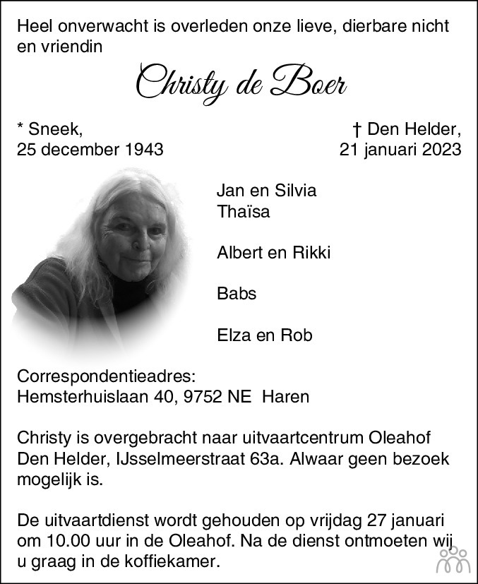 Christy De Boer Overlijdensbericht En Condoleances