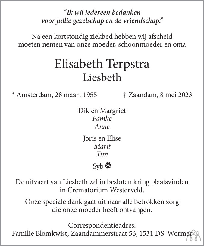 Elisabeth Liesbeth Terpstra 08 05 2023 Overlijdensbericht En