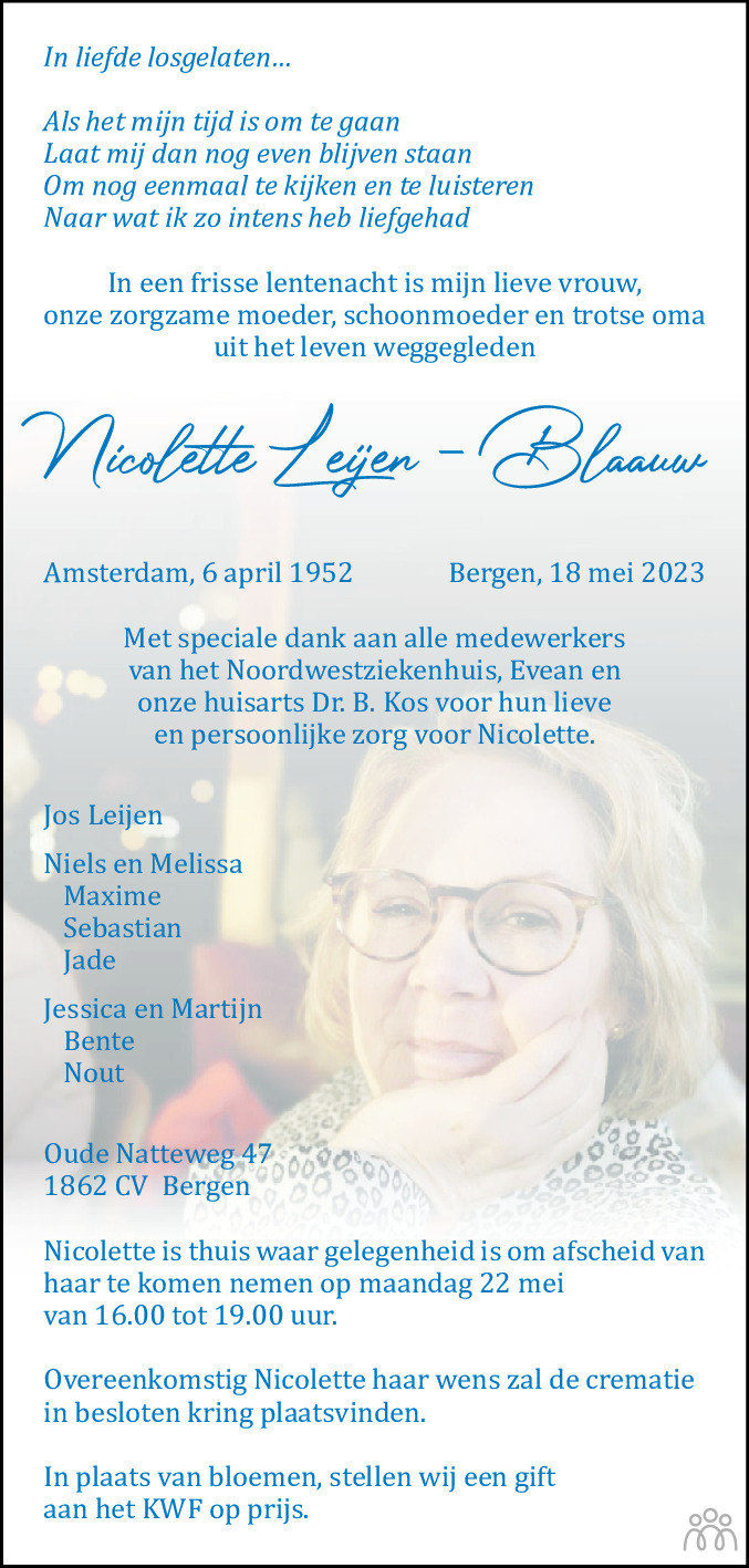 Nicolette Leijen Blaauw 18 05 2023 Overlijdensbericht En Condoleances