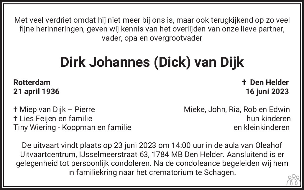 Dirk Johannes Dick Van Dijk Overlijdensbericht En