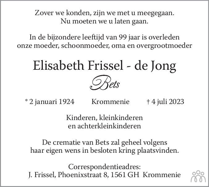 Elisabeth Bets Frissel De Jong 04 07 2023 Overlijdensbericht En