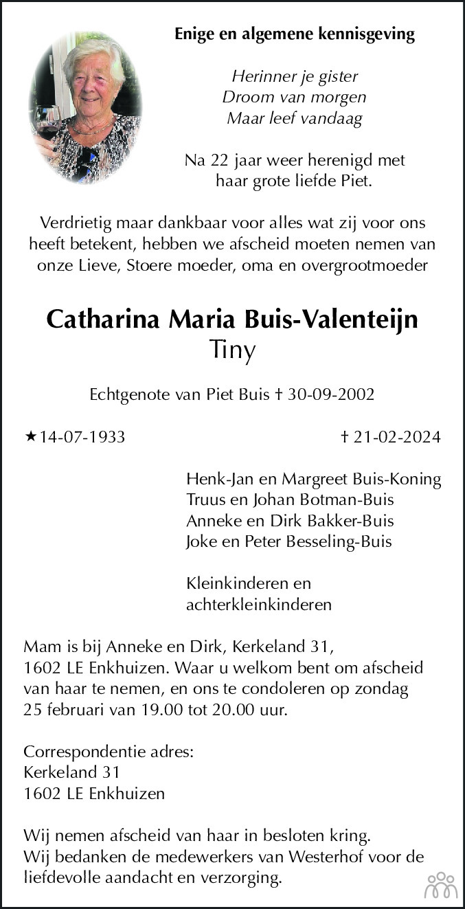 Catharina Maria Tiny Buis Valenteijn Overlijdensbericht En