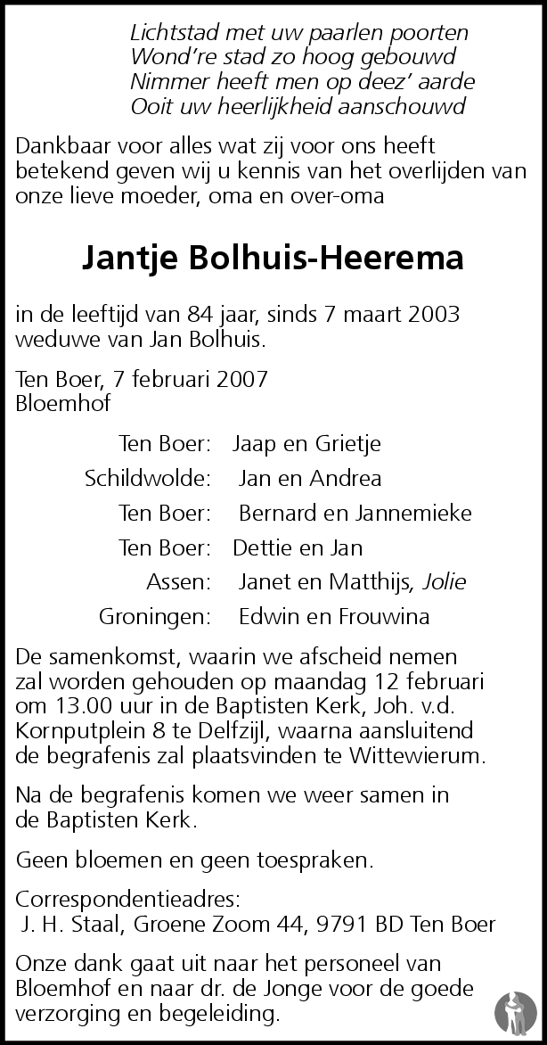 Jantje Bolhuis Heerema 07 02 2007 Overlijdensbericht En Condoleances