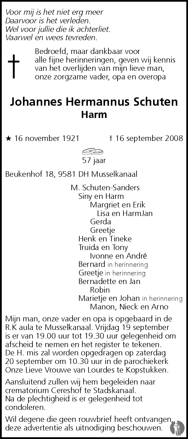 Johannes Hermannus Harm Schuten 16 09 2008 Overlijdensbericht En