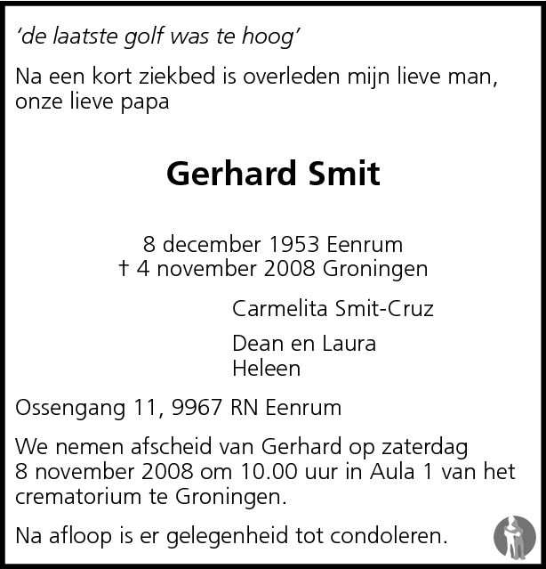 Gerhard Smit 04 11 2008 Overlijdensbericht En Condoleances Mensenlinq Nl