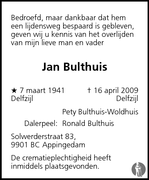 Jan Bulthuis Overlijdensbericht En Condoleances Mensenlinq Nl