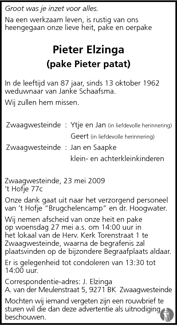 Pieter Pake Pieter Patat Elzinga Overlijdensbericht En