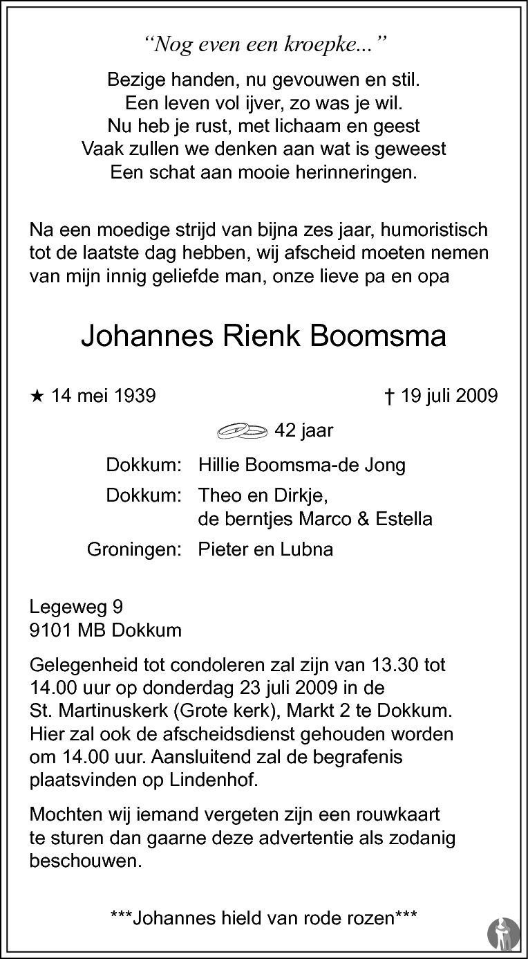 Johannes Rienk Boomsma 19 07 2009 Overlijdensbericht En Condoleances