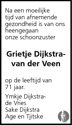 Grietje Dijkstra Van Der Veen Overlijdensbericht En