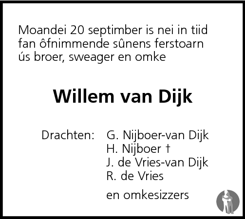 Willem Van Dijk 20 09 2010 Overlijdensbericht En Condoleances