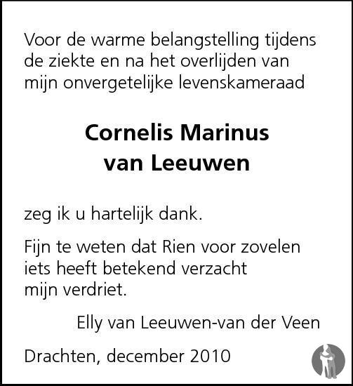 Cornelis Marinus Van Leeuwen Overlijdensbericht En