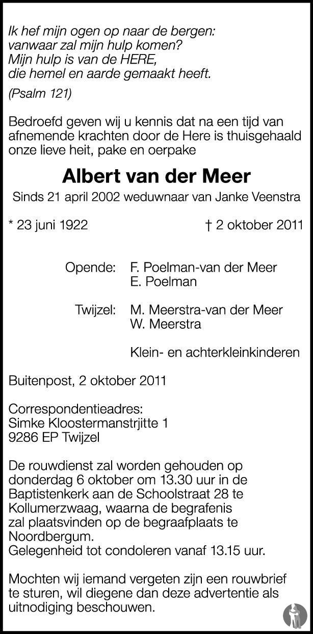 Albert Van Der Meer 02 10 2011 Overlijdensbericht En Condoleances