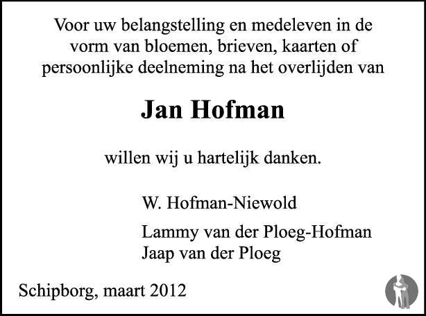 Jan Hofman Overlijdensbericht En Condoleances Mensenlinq Nl