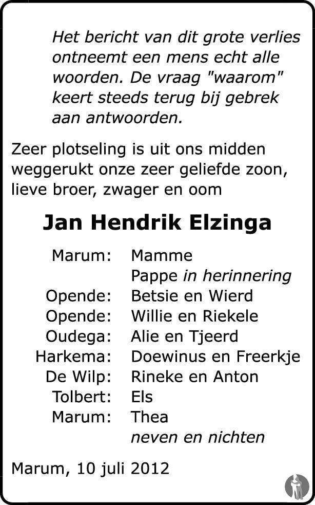 Jan Hendrik Elzinga Overlijdensbericht En Condoleances